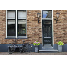 Fassade mit Verblender in Klinkeroptik, dunkle Eingangstür mit Glaseinsatz, Fenster, zwei Außenwandleuchten, Fahrrad und Blumenkübel.