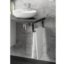 Modernes Badezimmer mit rundem Aufsatzwaschbecken auf einer dunklen Waschtischplatte in Steinoptik, verchromter Armatur und Handtuchhalter.
