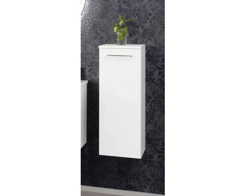 Weißer Badezimmer-Hängeschrank mit einer Tür und horizontalem Griff.