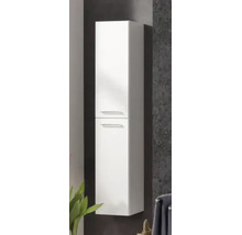 Hoher, wandhängender Badezimmerschrank in Weiß Hochglanz mit zwei Türen und silbernen Griffen.