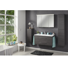 Modernes Badezimmer-Set in dunkler Holzoptik mit Waschbeckenunterschrank, Spiegelschrank und zwei Seitenschränken.