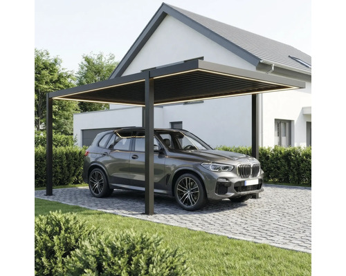 Moderner Carport aus Aluminium in Dunkelgrau mit integrierter LED-Beleuchtung über einem SUV auf gepflasterter Einfahrt vor einem Wohnhaus.