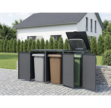 Mülltonnenbox aus Metall für drei Tonnen, eine Sektion mit geöffnetem Deckel und Türen, auf Pflastersteinen vor einem Einfamilienhaus platziert.