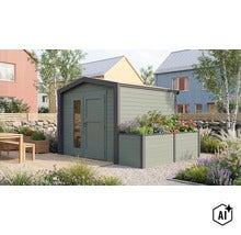 Gartenhaus mit integriertem Hochbeet und Doppeltür mit Glaseinsatz im modernen Garten mit Terrasse und Pflanzen (Image AI modified or generated)