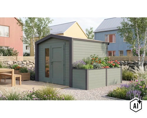 Gartenhaus mit integriertem Hochbeet und Doppeltür mit Glaseinsatz im modernen Garten mit Terrasse und Pflanzen (Image AI modified or generated)