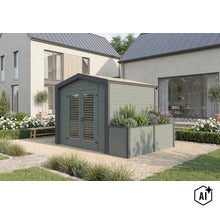 Gartenhaus mit integriertem Hochbeet im modernen Design, aufgestellt in einem gepflegten Garten vor einem Wohnhaus. (Image AI modified or generated)