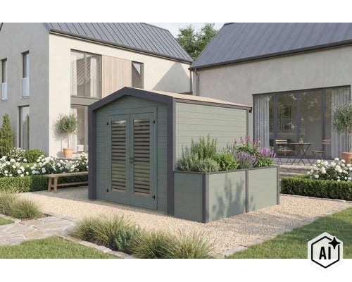 Gartenhaus mit integriertem Hochbeet im modernen Design, aufgestellt in einem gepflegten Garten vor einem Wohnhaus. (Image AI modified or generated)