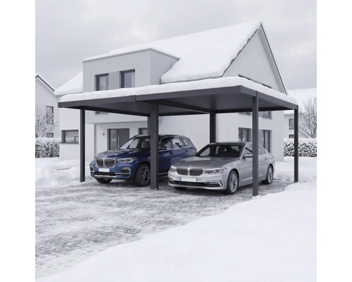 Moderner Doppelcarport aus Aluminium mit zwei Autos in einer verschneiten Winterlandschaft vor einem Wohnhaus.