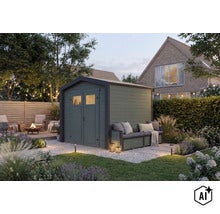 Modernes Holzgartenhaus mit integrierter Sitzbank im gepflegten Garten mit Beleuchtung und Sitzbereich (Image AI modified or generated)