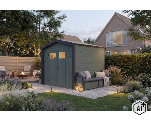 Modernes Holzgartenhaus mit integrierter Sitzbank im gepflegten Garten mit Beleuchtung und Sitzbereich (Image AI modified or generated)