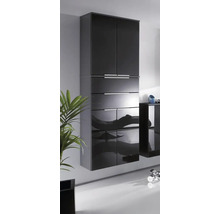 Schwarzer Hochschrank in Hochglanz mit vier Türen, zwei Schubladen und horizontalen Metallgriffen in einem hellen Raum mit Pflanze.
