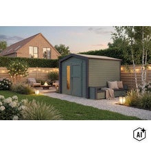 Modernes Gartenhaus aus Holz mit integrierter Sitzbank im stilvoll gestalteten Garten mit Kamin und Beleuchtung. (Image AI modified or generated)
