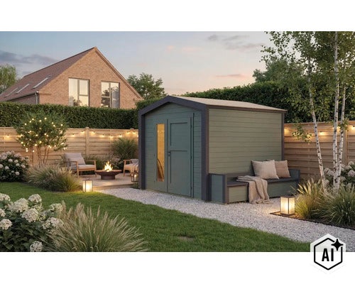 Modernes Gartenhaus aus Holz mit integrierter Sitzbank im stilvoll gestalteten Garten mit Kamin und Beleuchtung. (Image AI modified or generated)
