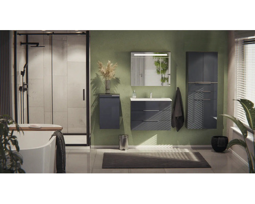 Modernes Badezimmer mit dunkelgrauen Badmöbeln, begehbarer Dusche mit schwarzem Rahmen, weißer Badewanne und grüner Wandgestaltung.