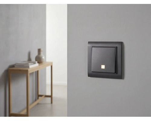 Moderner Lichtschalter mit Kontrollleuchte an einer grauen Wand in einem minimalistisch eingerichteten Raum.
