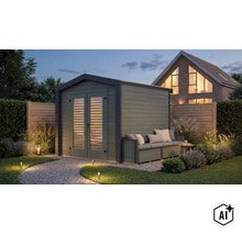 Modernes Gartenhaus aus Holz mit Doppeltüren und integrierter Sitzbank im Garten bei Abenddämmerung. (Image AI modified or generated)