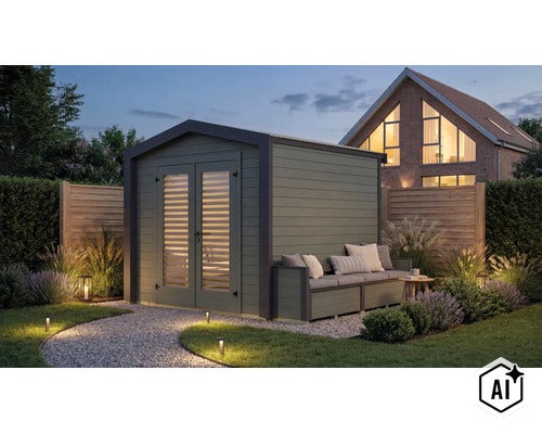 Modernes Gartenhaus aus Holz mit Doppeltüren und integrierter Sitzbank im Garten bei Abenddämmerung. (Image AI modified or generated)