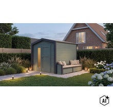 Gartenhaus mit integrierter Sitzbank im modernen Design in einem gepflegten Garten vor einem Wohnhaus. (Image AI modified or generated)