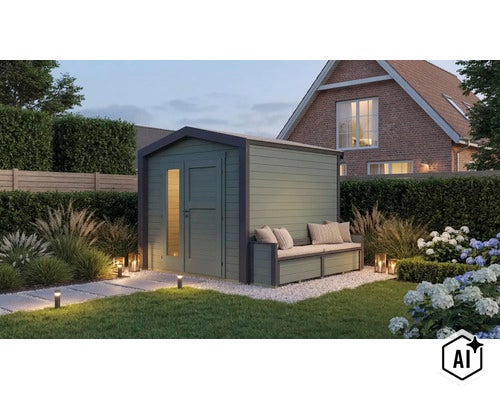 Gartenhaus mit integrierter Sitzbank im modernen Design in einem gepflegten Garten vor einem Wohnhaus. (Image AI modified or generated)