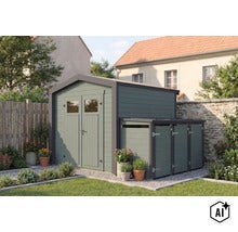 Gartenhaus aus Holz mit integriertem Anbauschrank für Gartengeräte in einem gepflegten Garten mit Rasenfläche und Blumenkübeln. (Image AI modified or generated)