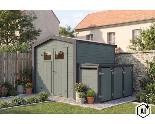 Gartenhaus aus Holz mit integriertem Anbauschrank für Gartengeräte in einem gepflegten Garten mit Rasenfläche und Blumenkübeln. (Image AI modified or generated)