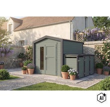 Gartenhaus mit integriertem Schleppdach als Anbau zur Unterbringung von Mülltonnen oder Gartengeräten in einem Garten mit Terrasse. (Image AI modified or generated)