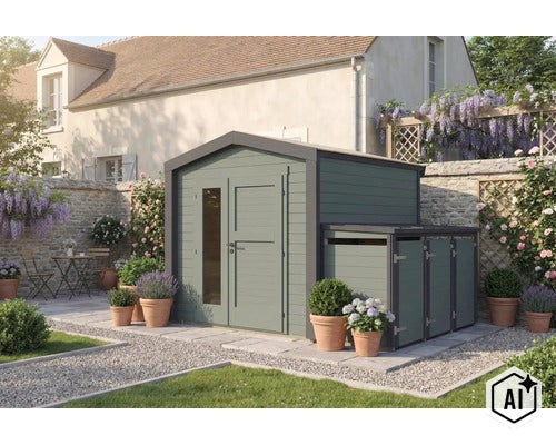 Gartenhaus mit integriertem Schleppdach als Anbau zur Unterbringung von Mülltonnen oder Gartengeräten in einem Garten mit Terrasse. (Image AI modified or generated)