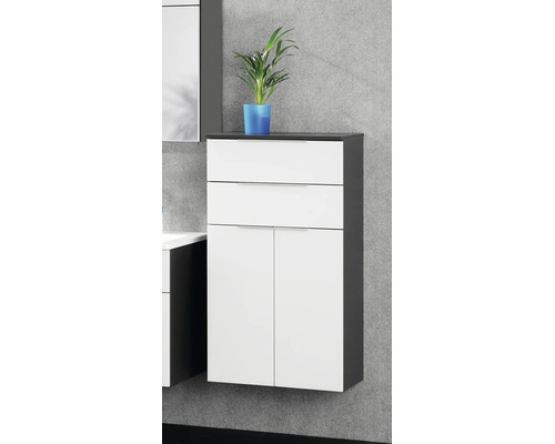 Wandhängender Badezimmerschrank mit zwei Schubladen und zwei Türen, Korpus Anthrazit und Front Weiß.