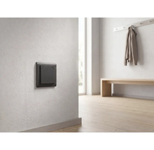 Dunkelgrauer moderner Lichtschalter an einer hellen Wand in einem minimalistisch eingerichteten, hellen Flur mit Holzboden.