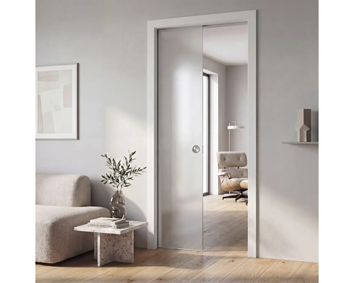 Moderne Schiebetür aus satiniertem Glas mit rundem Muschelgriff, eingebaut in ein helles, minimalistisches Wohnzimmer.