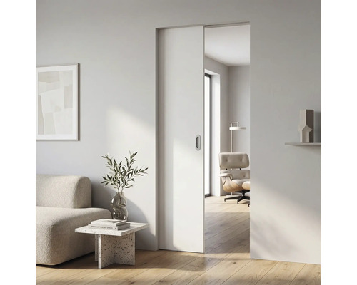 Weiße Schiebetür in minimalistischem Wohnzimmer mit Holzfußboden, modernem Sofa und Beistelltisch in hellem, offenem Design.