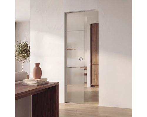 Moderne Schiebetür aus satiniertem Glas mit horizontalen Streifen und runder Griffmuschel in einem hellen Raum.