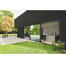 Moderne Hausfassade mit großer Glasschiebetür, Blick in die Küche, davor eine Terrasse mit Steinplatten und Rasenfläche.