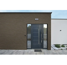 Moderner Hauseingang mit Fassade aus Verblendsteinen in Ziegeloptik und einer dunklen Haustür.
