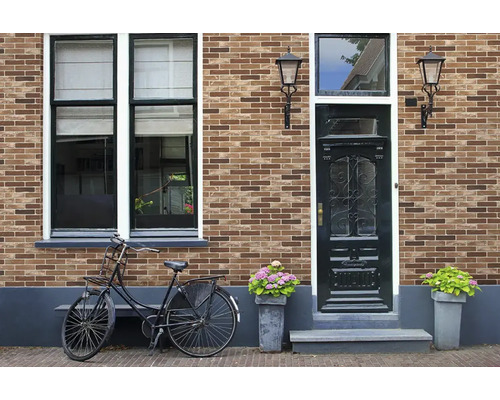 Fassade mit Verblender in Klinkeroptik, dunkle Eingangstür mit Glaseinsatz, Fenster, zwei Außenwandleuchten, Fahrrad und Blumenkübel.