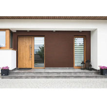 Moderner Hauseingang mit dunkelbrauner Klinkerfassade, Holztür, großen Fenstern, grauen Fliesenstufen und Blumenkübeln.