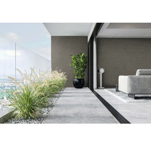 Moderner Balkon und Wohnbereich mit Wandverkleidung in Ziegeloptik, Ziergräsern und hellen Bodenfliesen.
