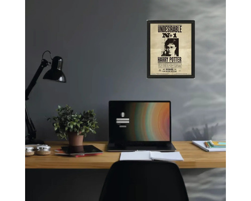 Gerahmtes Harry Potter Poster Undesirable Nummer 1 an einer grauen Wand über einem organisierten Holzschreibtisch mit Laptop und Lampe.