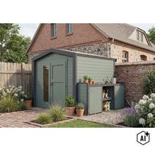 Modernes Gartenhaus mit integriertem Anbau und Doppeltür mit Glaseinsatz im Garten vor einem Backsteingebäude. (Image AI modified or generated)