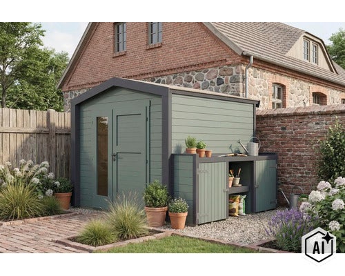 Modernes Gartenhaus mit integriertem Anbau und Doppeltür mit Glaseinsatz im Garten vor einem Backsteingebäude. (Image AI modified or generated)
