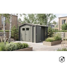 Modernes Gartenhaus aus Holz mit Doppeltür und seitlichem Anbau im gepflegten Gartenbereich. (Image AI modified or generated)