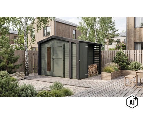 Modernes Gartenhaus aus Holz mit integriertem Holzunterstand im Garten, aufgestellt auf einer Terrasse neben einem Holzzaun. (Image AI modified or generated)
