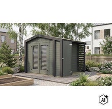 Modernes Gartenhaus aus Holz mit Doppeltür, Fensterfronten und integriertem Anbau auf einer Holzterrasse im Garten. (Image AI modified or generated)
