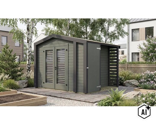 Modernes Gartenhaus aus Holz mit Doppeltür, Fensterfronten und integriertem Anbau auf einer Holzterrasse im Garten. (Image AI modified or generated)