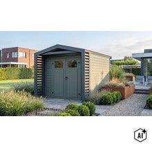 Modernes Gartenhaus mit Doppeltür und integriertem Seitendach in einem gepflegten Garten (Image AI modified or generated)