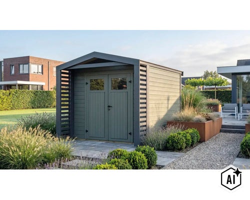 Modernes Gartenhaus mit Doppeltür und integriertem Seitendach in einem gepflegten Garten (Image AI modified or generated)