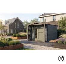 Modernes Gartenhaus aus Holz mit Doppeltür und seitlichen Lamellen in einem gepflegten Garten mit Pflanzkübeln aus Cortenstahl. (Image AI modified or generated)