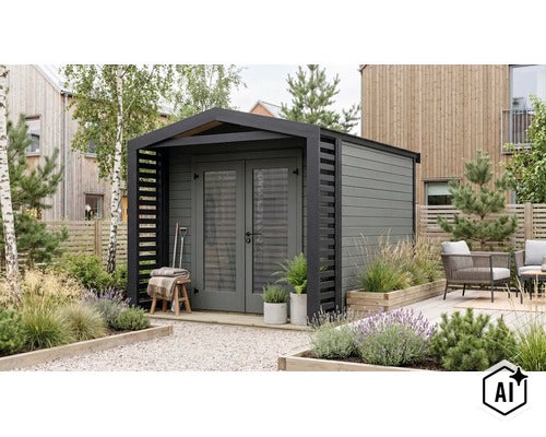 Modernes Gartenhaus mit Doppeltür und seitlichem Unterstand in einem gepflegten Garten mit Terrasse und Pflanzen. (Image AI modified or generated)