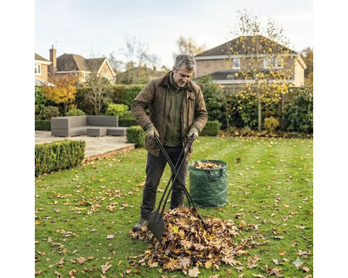 Ein Mann sammelt Herbstlaub mit einem Laubgreifer auf einem Rasen neben einem vollen Gartensack in einem weitläufigen Garten.