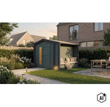 Modernes Gartenhaus mit integrierter überdachter Sitzbank, gefertigt aus Holz, aufgestellt in einem gepflegten Garten mit Terrasse und Rasen. (Image AI modified or generated)